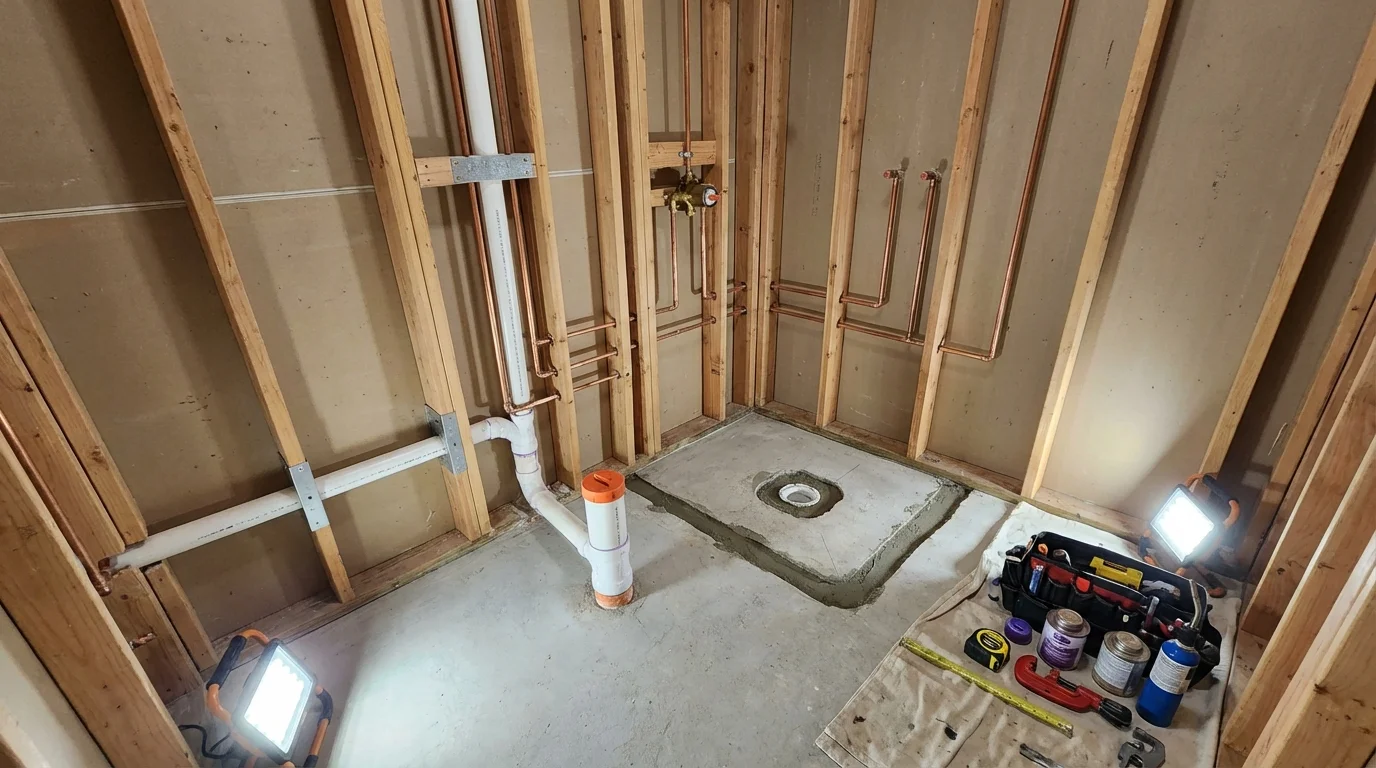 Bathroom rough-in plumbing during remodel by Johns Plumbing LLC in Saint Augustine