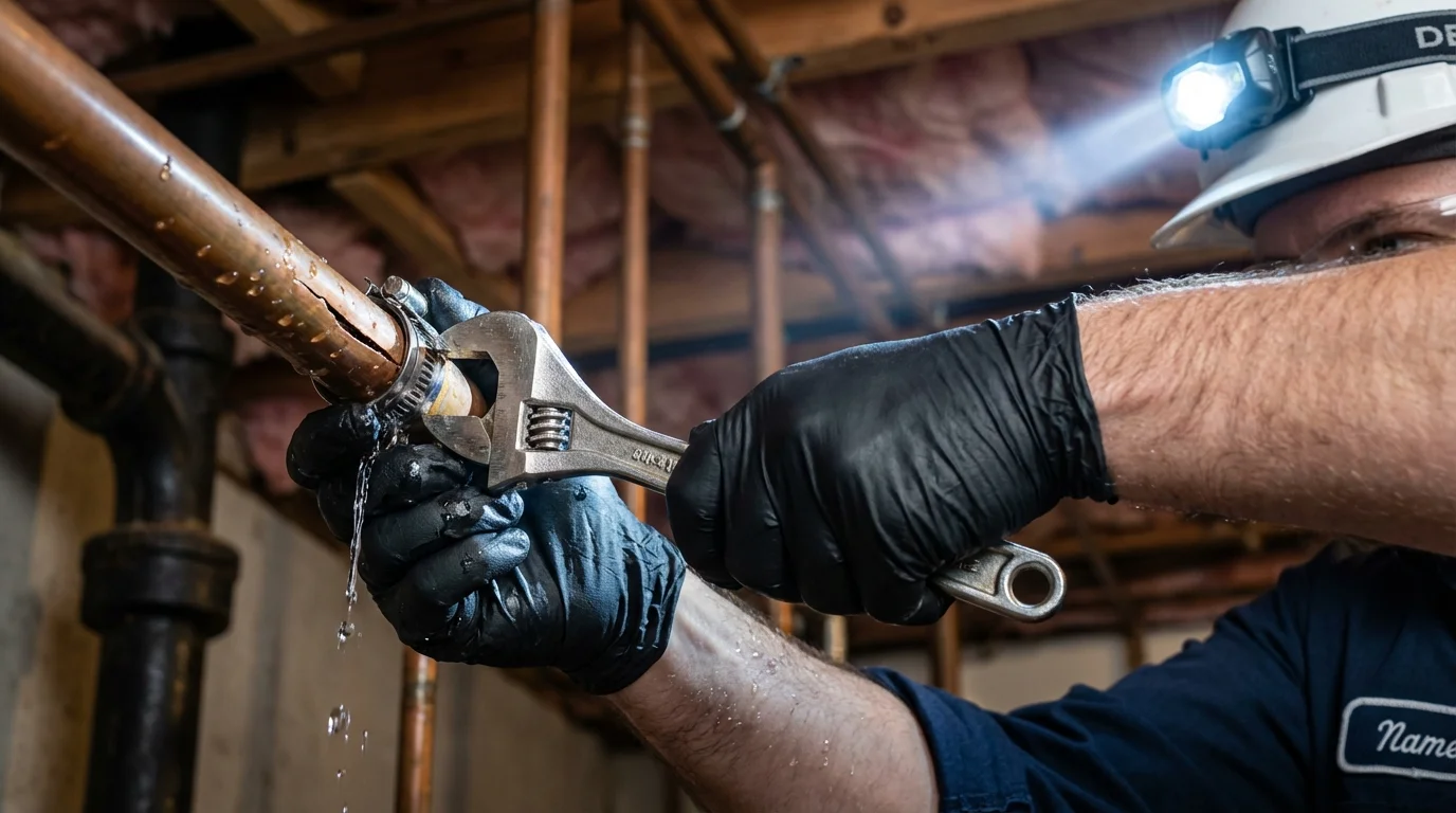 Emergency pipe clamp repair being performed by a Johns Plumbing LLC plumber in Saint Augustine