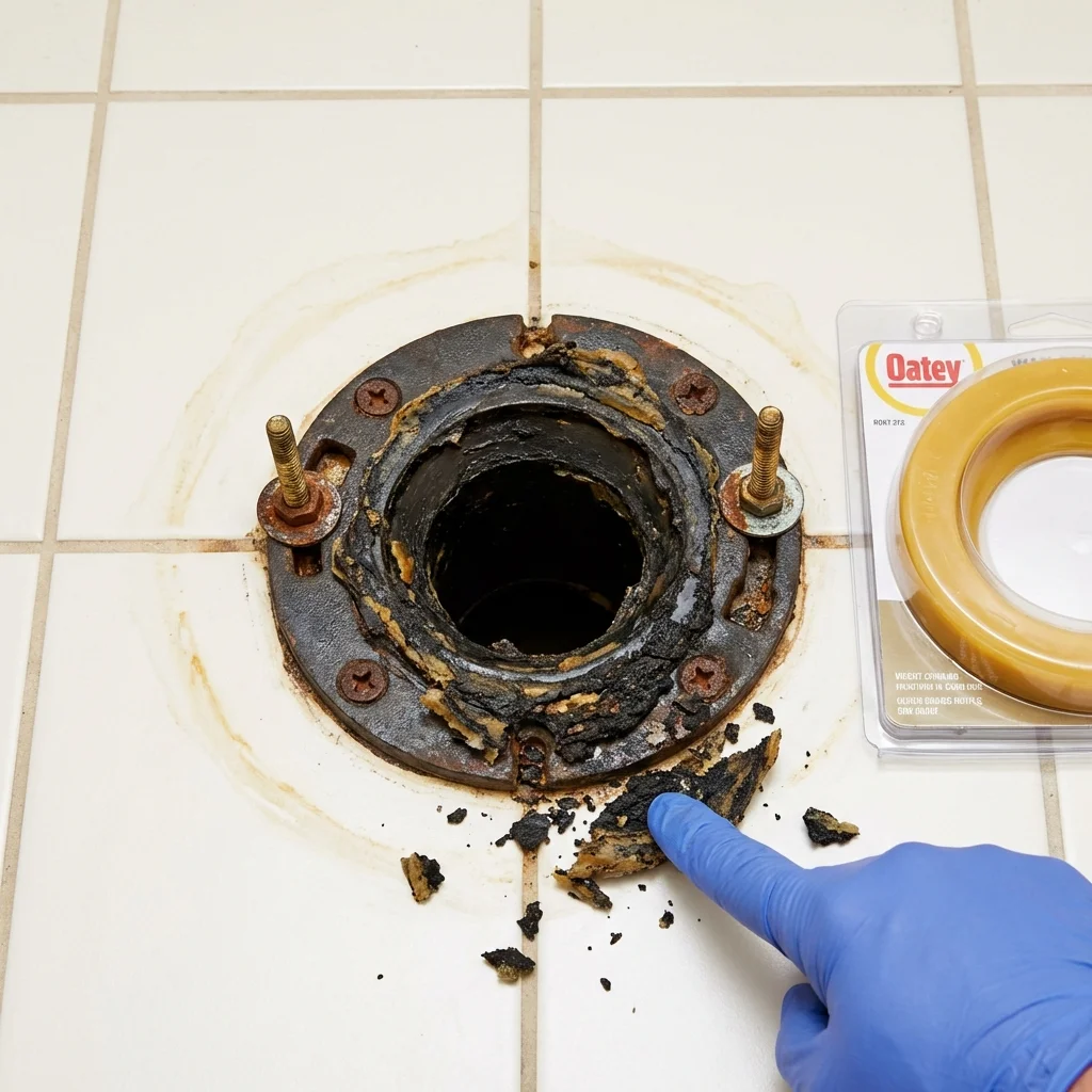 Failed wax ring showing water seepage at the base of a toilet in a Saint Augustine, FL home