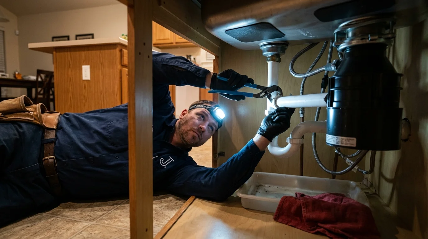 P-trap and supply line connections under a kitchen sink showing a common leak point in Saint Augustine, FL